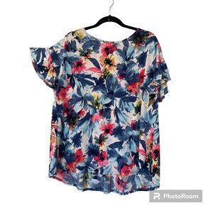 White Birch Womens Blouse Top L V-Back Floral Watercolor Ruffled Blue Pink